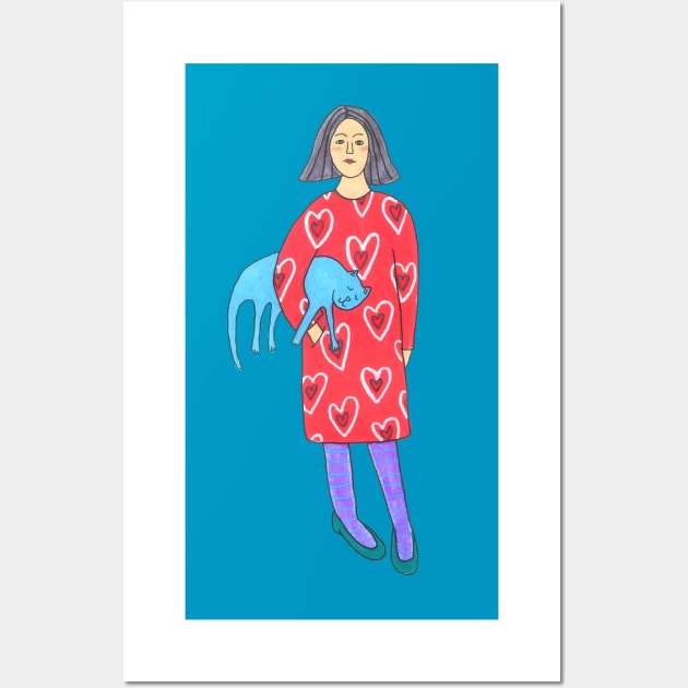 Girl With A Blue Cat Wall Art by DoodlesAndStuff